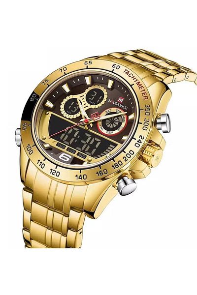 Naviforce Mens Dual Display Chronograph Watch Full Gold Stainless Steel Band Analog Digital Quartz Movement