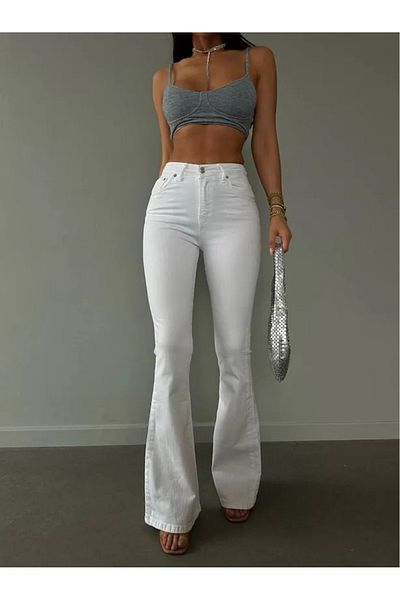 ÖZMODA Miav Women's White Lycra Spanish Leg Jeans (Stretch Fabric)