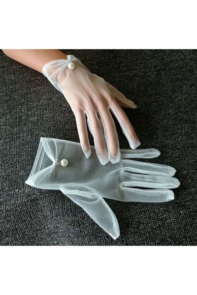 Yıldız Accessory Mănuși de mireasă din tul modern cu detalii rafinate de perl...