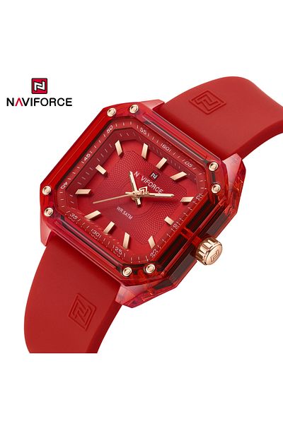 Naviforce Bold Square Dial Watch Red Silicone Strap Vibrant Red Face Water Resistant Stylish Timepiece