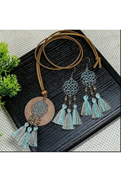 ORGANICYOU Yiwu 3 Pieces Vintage Bohemian Ethnic Style Women's Jewelry Set, Antique Bronze Carved Blue Mixed Color