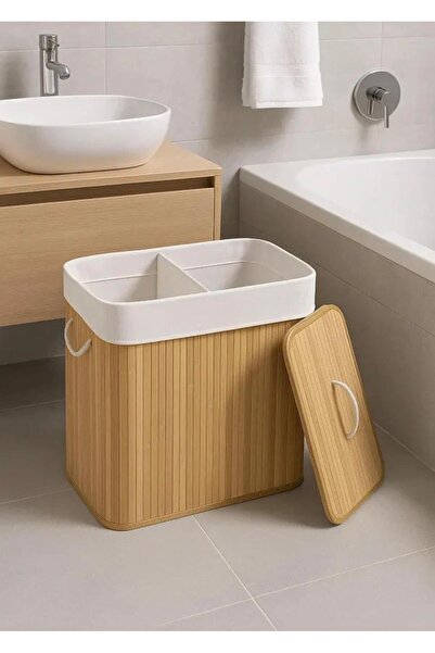 Snow Homs Bambu 2 Bölmeli Kirli Çamaşır Sepeti Dikdörtgen 50X50X3O