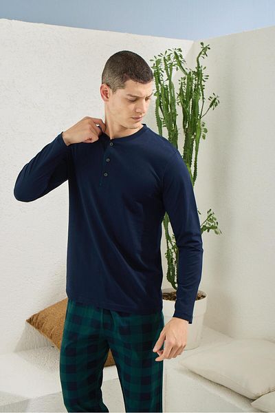 KLY PİJAMA Kly 9221 Men's 100% Cotton Half Button Long Sleeve Plaid Pajamas Suit