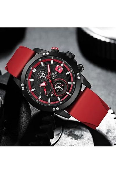 Naviforce Stylish Mens Chronograph Watch with Black Dial Red Silicone Strap Multifunctional Stopwatch