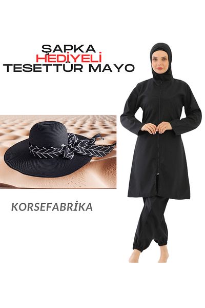 KORSEFABRİKA Full Closed Jumbo Size Women's Tesettür Water Thrower Quick Drying Parachute Swimsuit Suit and Hat