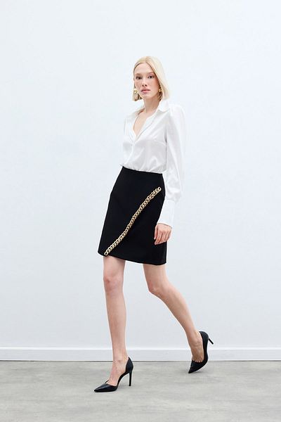Sateen Mini Skirt with Chain Accessory - BLACK