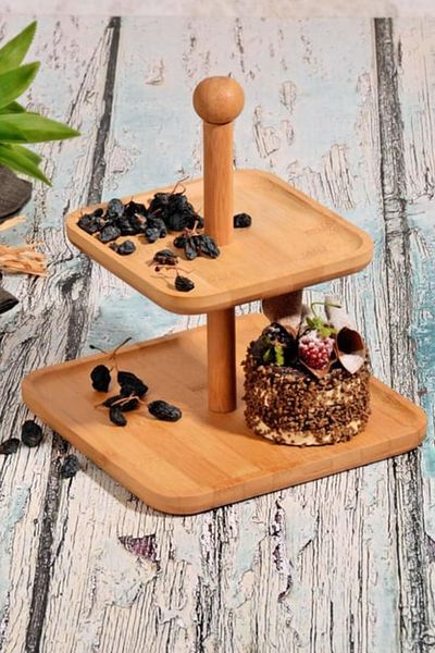 omilife Bamboo 2-Tier Candy Bowl Natural Wooden Two-Eye Snack and Presentation Container with Practical and Stylish Design