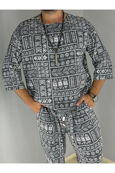 MARESHAL Printed Ethnic Pattern Linen 100% Cotton T-Shirt(Black)