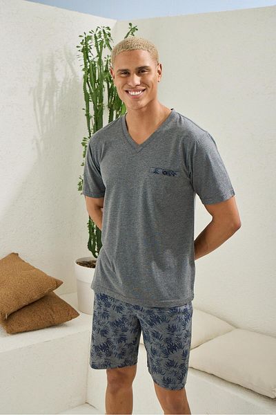 KLY PİJAMA Kly 2015 Men's 100% Cotton V Neck Half Sleeve Sports Shorts Suit