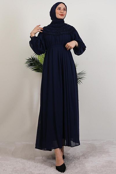 GİYZAMİLA Gipe Detail Chiffon Dress Navy Blue