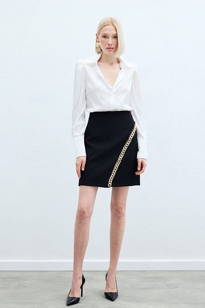 Sateen Mini Skirt with Chain Accessory - BLACK