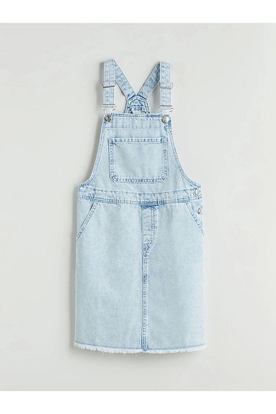 LC Waikiki Lcw Kids Blue Square Collar Girls Jean Salopet Dress