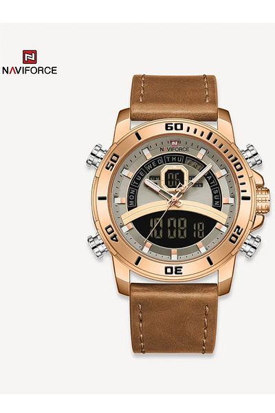 Naviforce Mens Gold Dial Leather Strap Quartz Digital Analog Watch