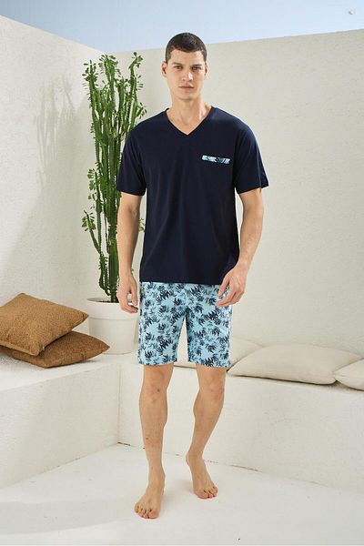 KLY PİJAMA Kly 2015 Men's 100% Cotton V Neck Half Sleeve Sports Shorts Suit