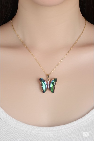 FAMEMUS ACCESSORY سلسلة فولاذية ذهبية اللون سلسلة فراشة خضراء نموذج قلادة حجر...