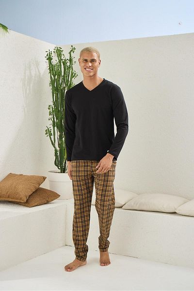 KLY PİJAMA Kly 9265 Men's 100% Cotton V-Neck Plaid Pajamas Suit