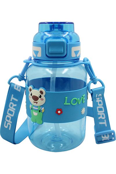 Polin Tritran Children's Water Bottle, Cute Teddy Bear Pattern, Strap, Straw, 800ml