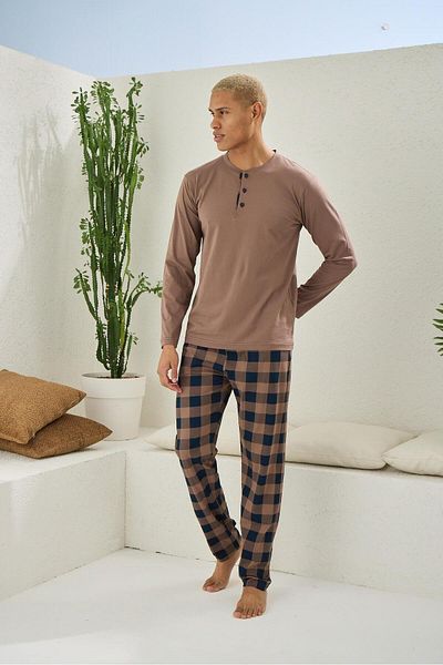KLY PİJAMA Kly 9221 Men's 100% Cotton Half Button Long Sleeve Plaid Pajamas Suit