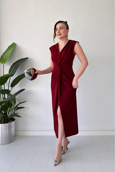 MaziButik Φόρεμα με κόμπο στήθος κρεπ μπορντό