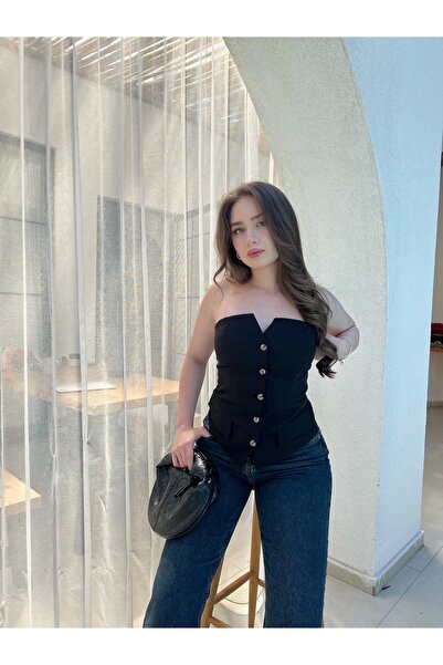 Souwe Düğmeli Cep Detaylı Siyah Straplez Büstiyer