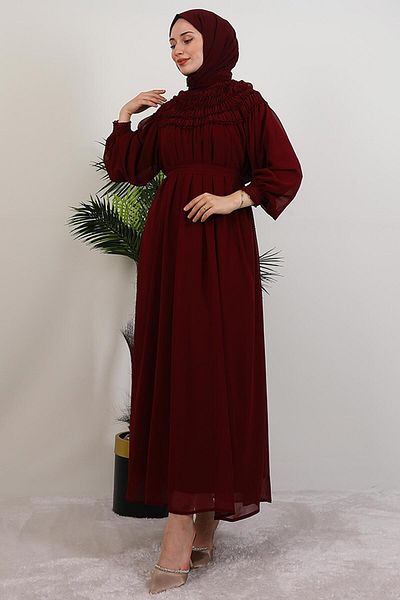 GİYZAMİLA Gipe Detail Chiffon Dress Burgundy