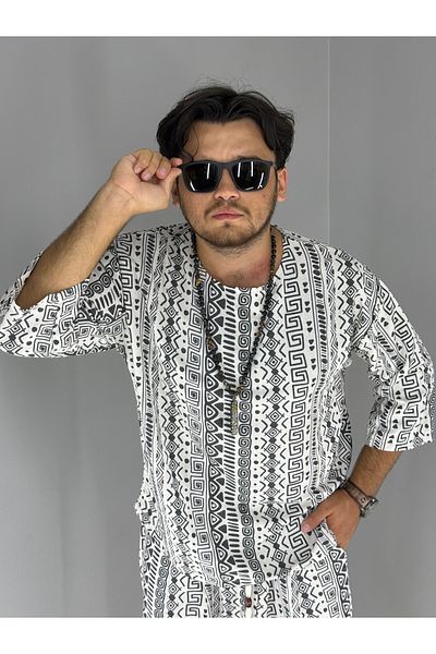 MARESHAL Printed Ethnic Pattern Linen 100% Cotton T-Shirt(White)