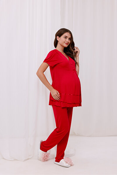 Yulem Homewear Cherry Ribbon Detailed Design Maternity Maternity Pajama Set with Breastfeeding Feature