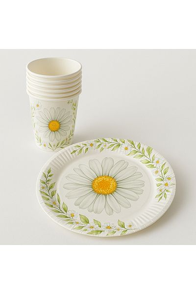 Partifabrik Daisy Themed White Cardboard Plate Cup Set 8 Plates 8 Cups