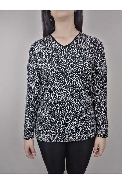 YAŞAR TRİKO Women's Black White U Neck Long Sleeve Patterned Slit Woven Suede Mother Combed Cotton T-Shirt
