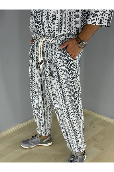 MARESHAL Printed Ethnic Pattern Linen 100% Cotton Trousers (White)