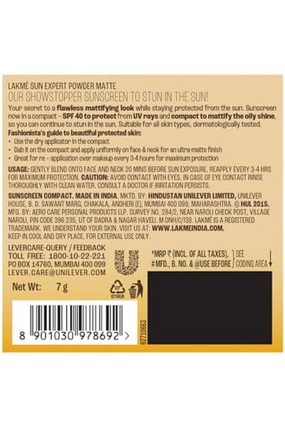 LAKMÉ Lakme Sun Expert Ultra Matte SPF 40 PA+++ Compact, 7 gm