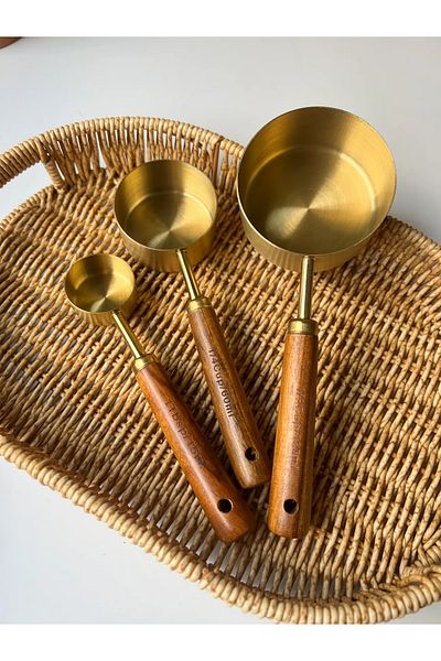 Wolawood Gold Metal 3-Piece Measuring Spoon Set Pinterest Style Natural Wooden Handle Special Trend Presentation Kitchen Set