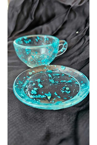 Home Mavi Parıltılı Epoksi Fincan Takımı 2'li Kahve Bardağı Ve Tabak Seti