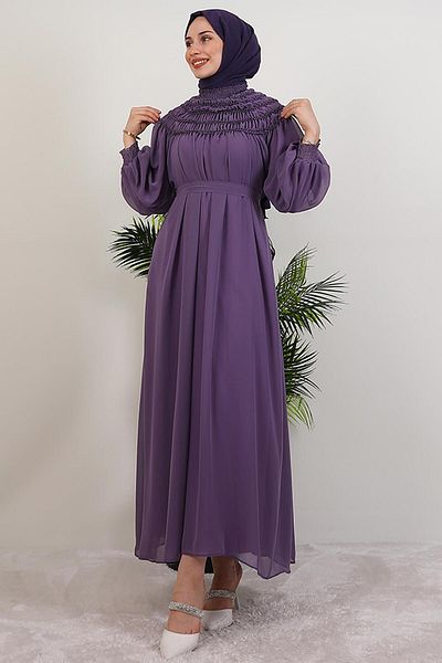 GİYZAMİLA Gipe Detail Chiffon Dress Dark Lilac