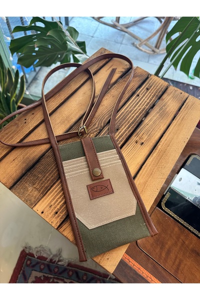 Atelier Lapina Haki (Ekru detaylı) / Doğa Astarlı Mumlu Kanvas Telefon Çantası