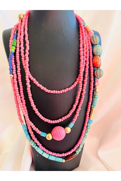COCOSH TAKI Pink Turquoise Gold Detailed Long Wrapped Double Multi Design Necklace
