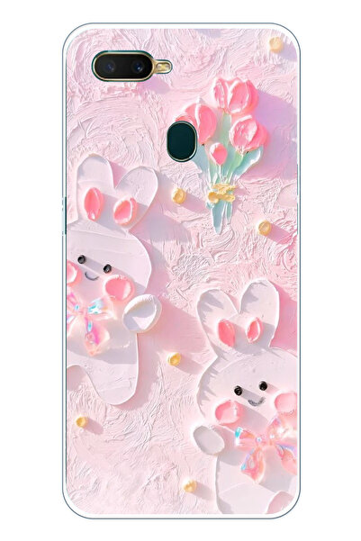 TechTree Oppo A5S- AX7 - A12 Uyumlu Sevimli Tavşanlar Şeffaf Silikon Kılıf