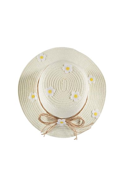 Balgüneş Tekstil 5/10 Years Girl Daisy Straw Flower Hat-52 cm Ecru