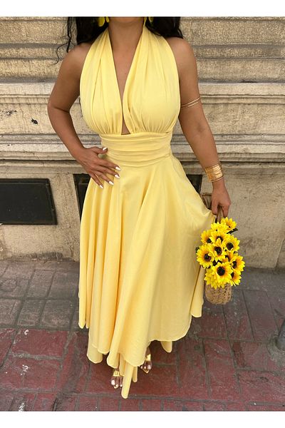 moneta boutique Women's Halter Neck Linen Pleated Dress