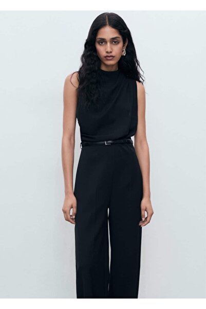 MANGO Woman Drape yaka ve kemerli uzun tulum