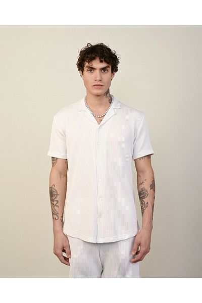 TÜZeMEN Apaş Collar Striped Short Sleeve Fabric Shirt