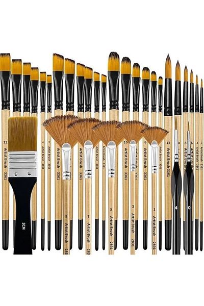 Mu Art Ahşap 32 Pieces Suitable for Gouache Acrylic Water and Oil Painting Brush Set with Different Brush Tips