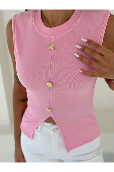 Stil Sepeti Women's Pink Crew Neck Sleeveless Gold Button Detailed Blouse Tll-10004147