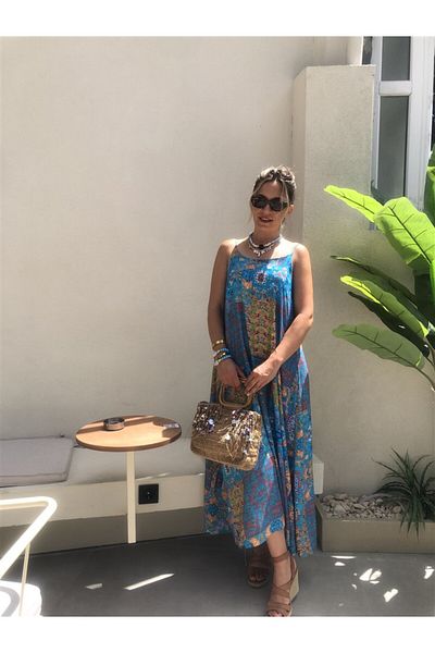 Gözde Tasarım Butik Women's Blue Color Ethnic Patterned 100% Viscosa Daily Dress with Adjustable Rope Strap Maxi Size