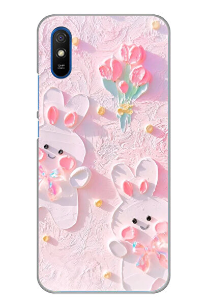 TechTree Redmi 9A Uyumlu Sevimli Tavşanlar Şeffaf Silikon Kılıf