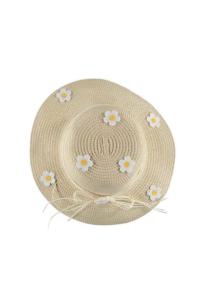Balgüneş Tekstil 5/10 Years Girl Daisy Straw Flower Hat-52 cm Beige