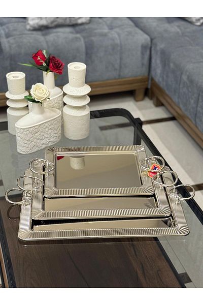 aljahwari 3-piece rectangular nickel serving tray set