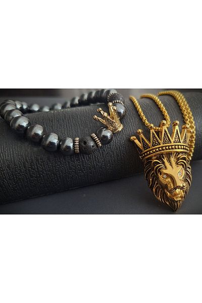 voyageaccessory Double Product Offer Hematite Stone King Bracelet and Lion Necklace