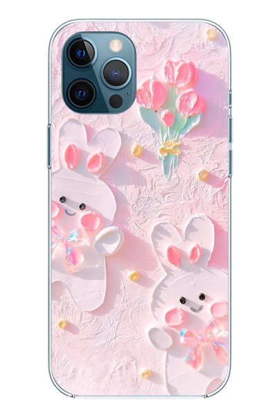 TechTree iPhone 12 Pro Max Uyumlu Sevimli Tavşanlar Şeffaf Silikon Kılıf