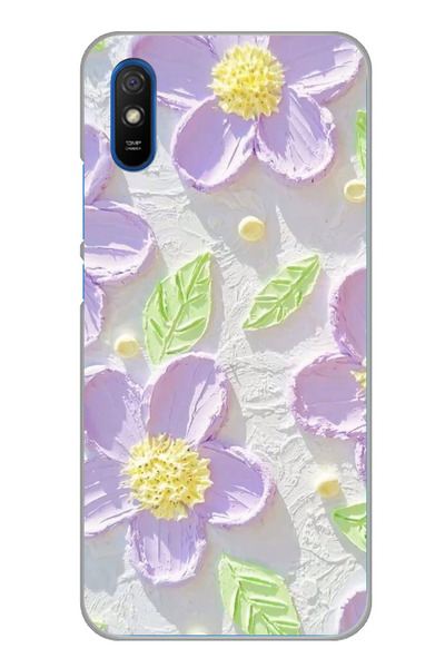 TechTree Redmi 9A Uyumlu Mor Papatyalar Sulu Boya Şeffaf Silikon Kılıf